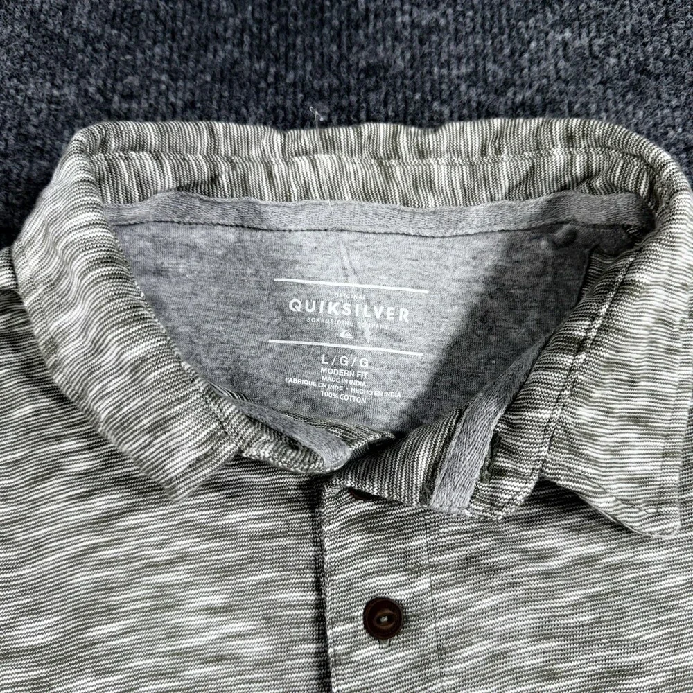 Quiksilver Mens Polo Shirt Size L Gray Olive Striped Short Sleeve Modern Fit
